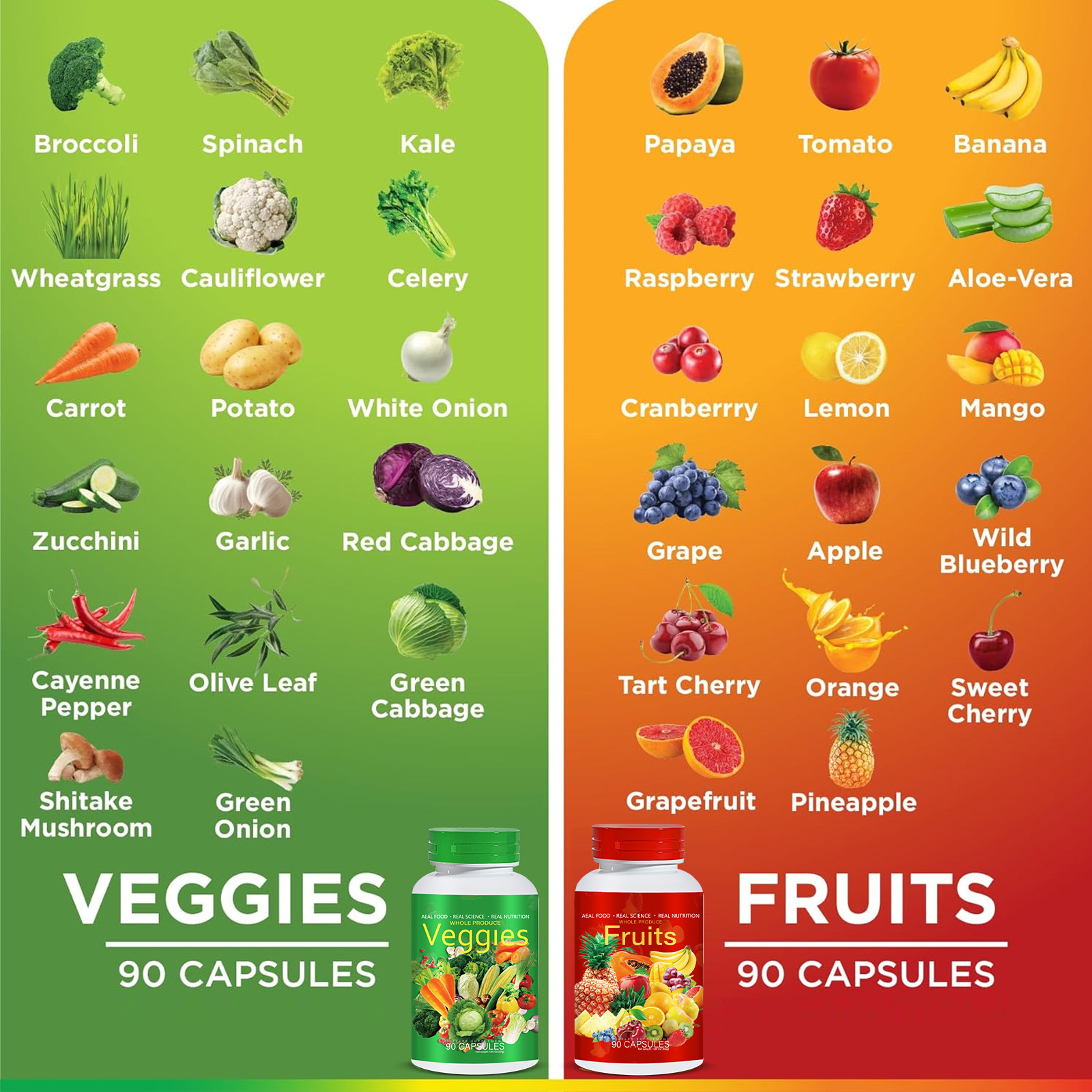 Grid of 40+ real fruits and vegetables alongside the product bottles, proving whole-food sourcing