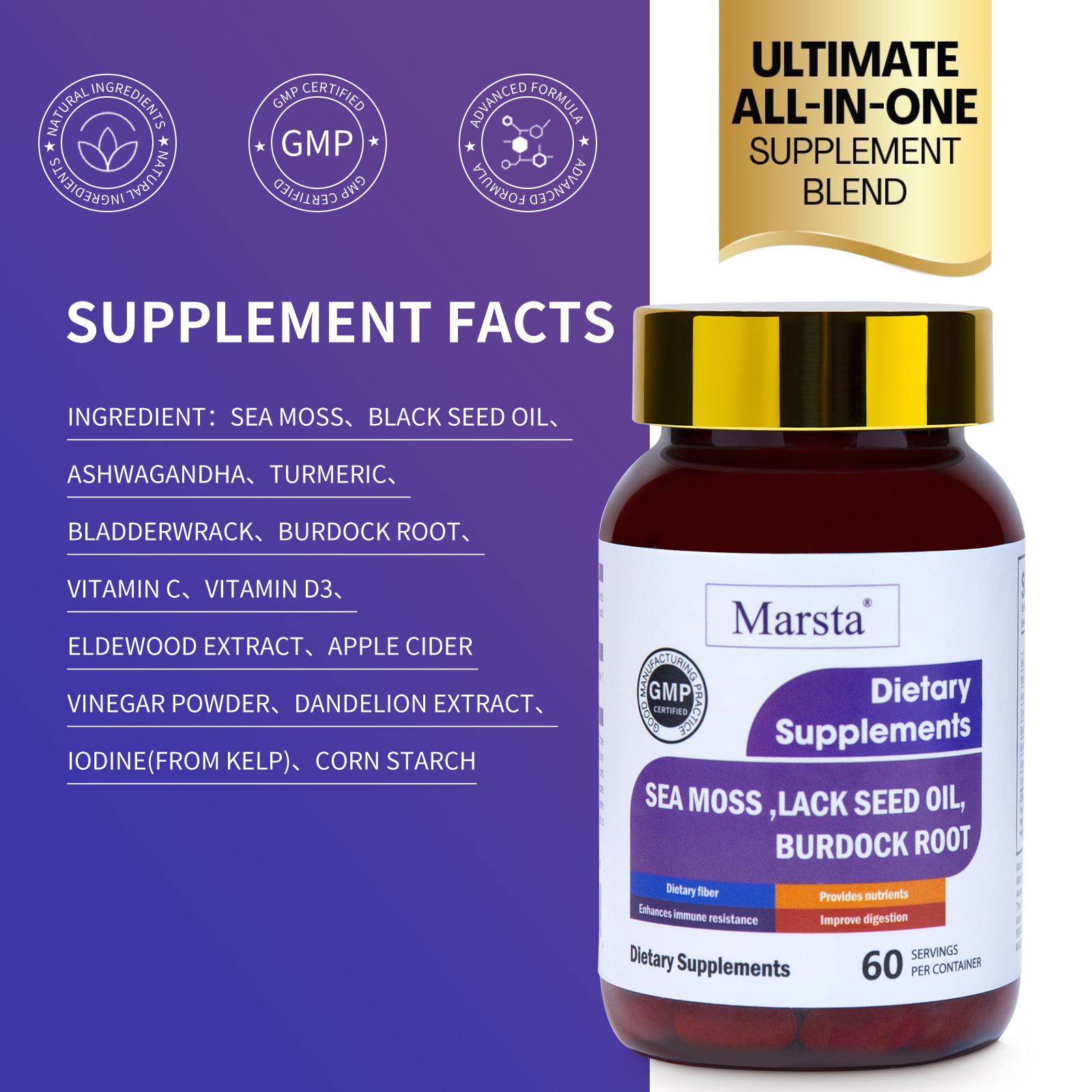 Supplement facts panel on purple background with ingredient list and certifications