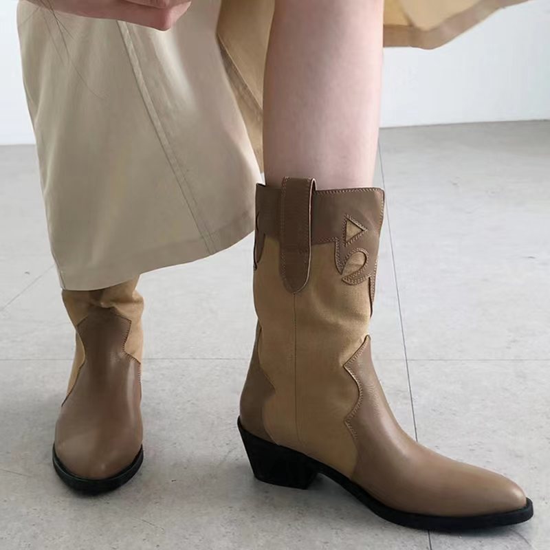 Western Cowboy Boots Summer Thin Women's Korean Splicing Pointed Retro Look Skinny Thick Heel Mid heeled Short Boots image 7