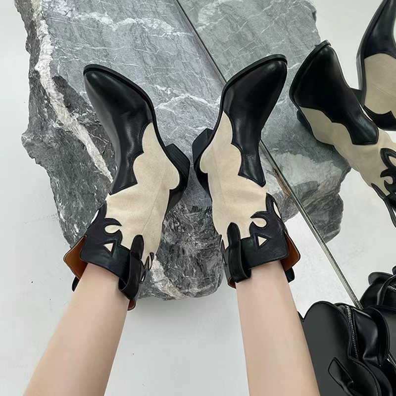 Western Cowboy Boots Summer Thin Women's Korean Splicing Pointed Retro Look Skinny Thick Heel Mid heeled Short Boots image 3