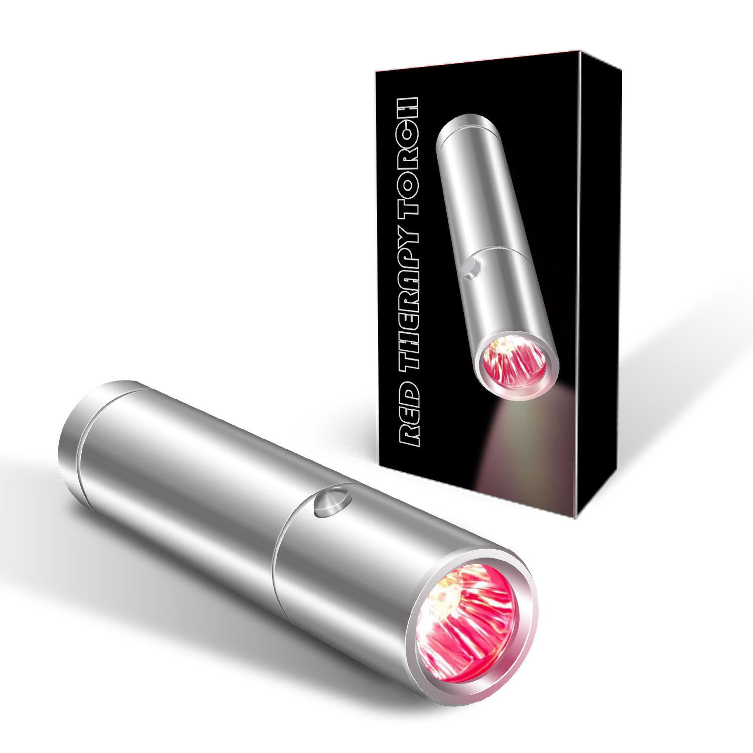 Stainless steel LED therapy flashlight with pink-red light emission, shown on multiple angles with packaging