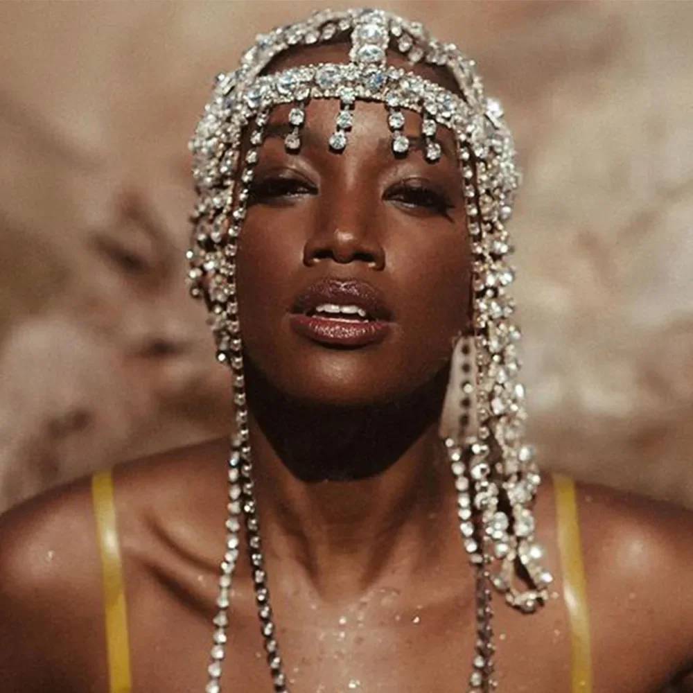 Rhinestone head chain worn for glamorous event styling