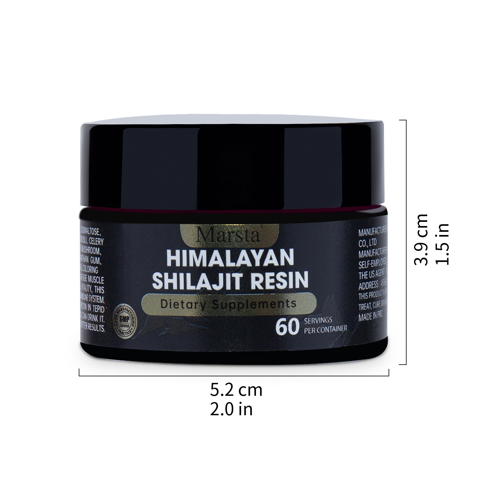 Side‑view of dark navy Shilajit jar with measurement annotations, 5.2 cm width and 3.9 cm height