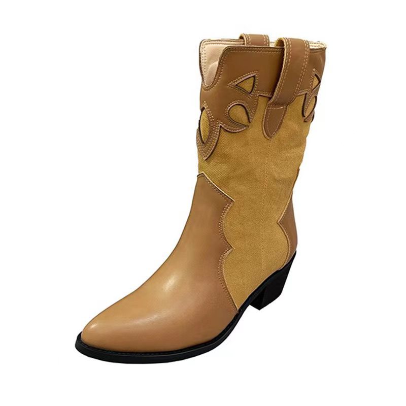 Western Cowboy Boots Summer Thin Women's Korean Splicing Pointed Retro Look Skinny Thick Heel Mid heeled Short Boots image 4