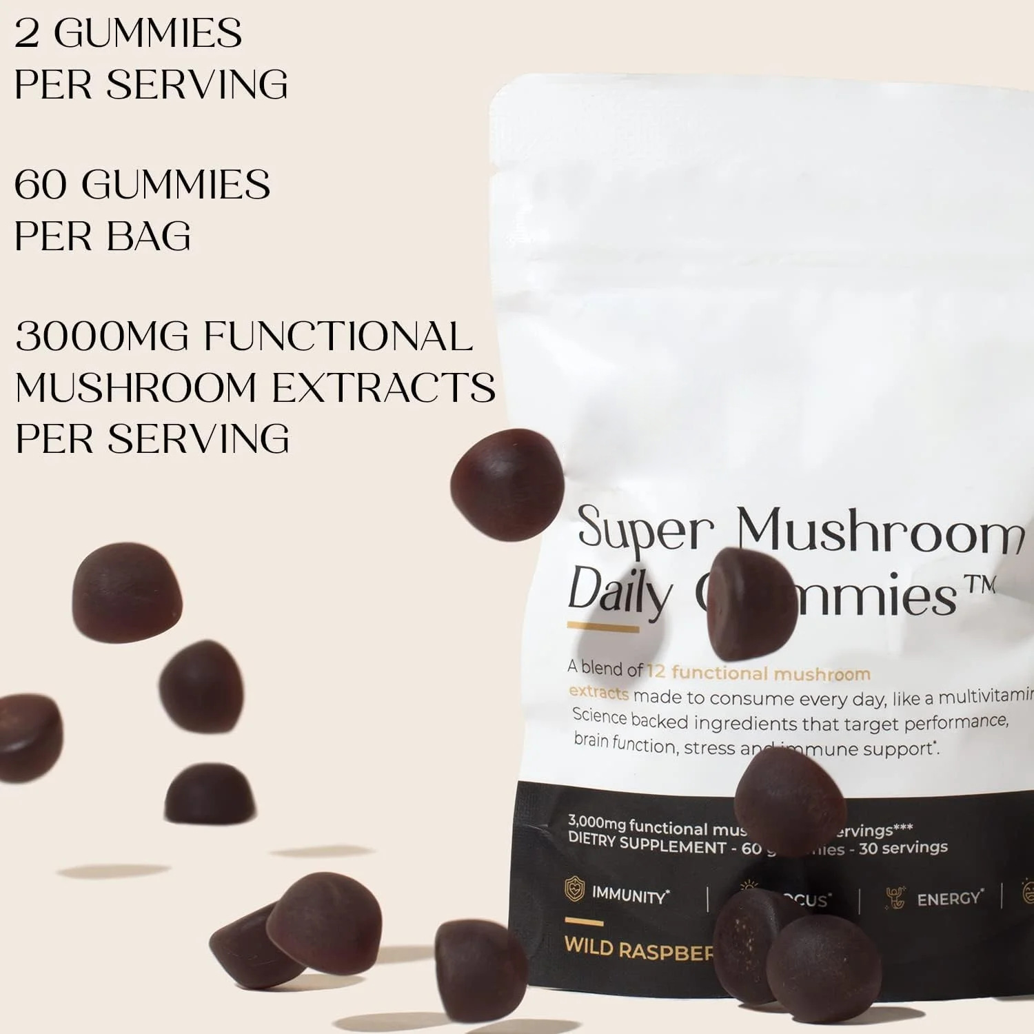 Handful of dark brown raspberry-flavored gummies showing 2-gummy serving size