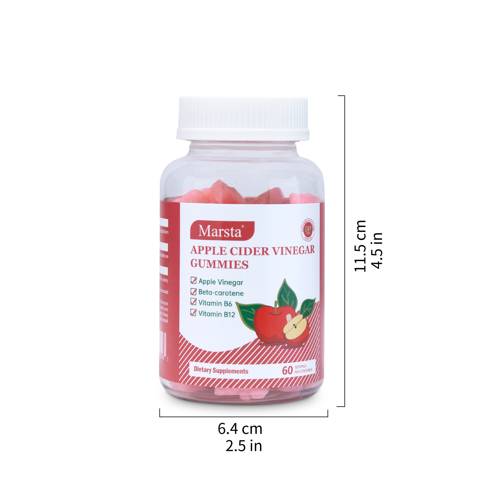 Product bottle with dimensions 11.5 cm height, 6.4 cm width, showing portable compact size