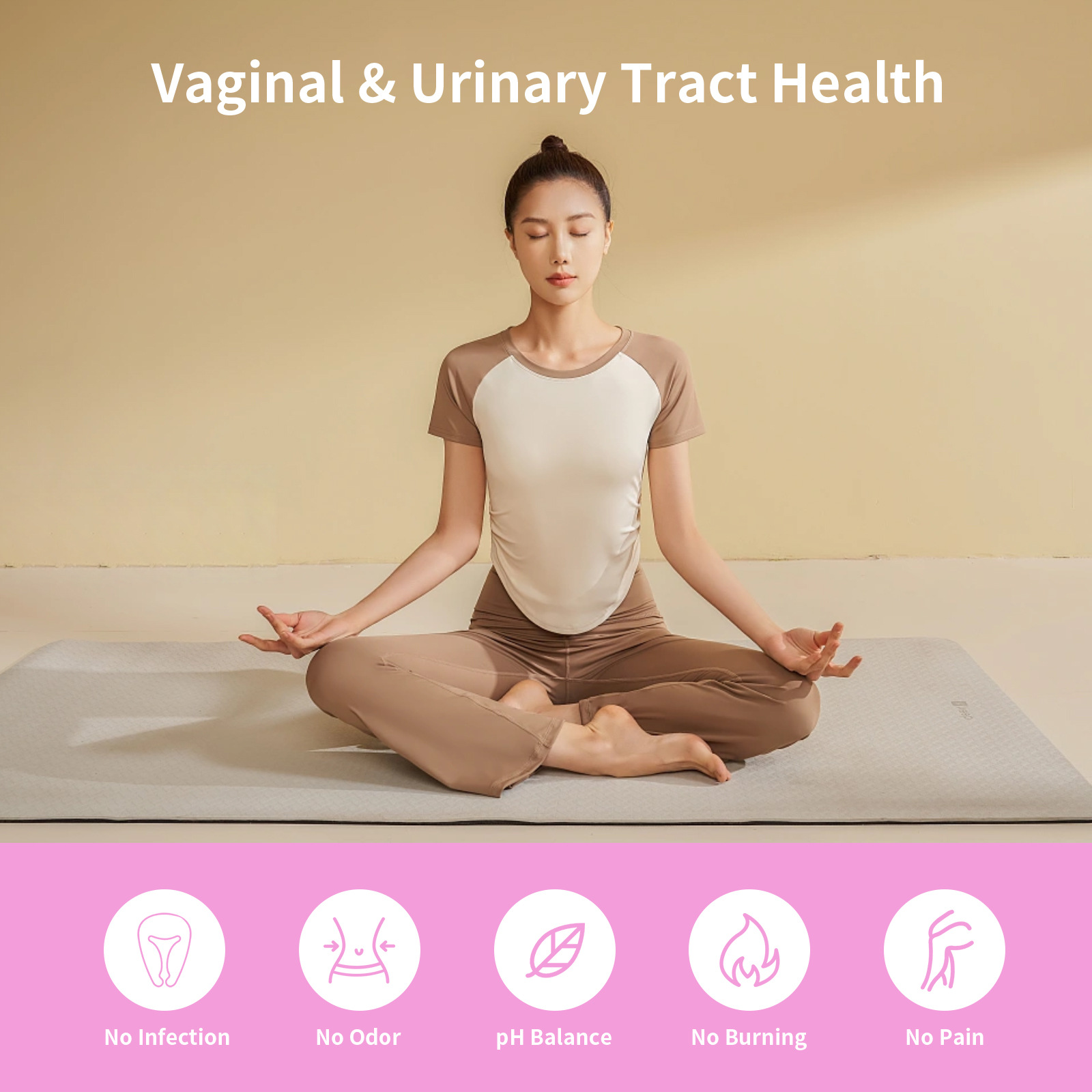 Woman in peaceful meditation pose radiating wellness and confidence after using vaginal probiotics