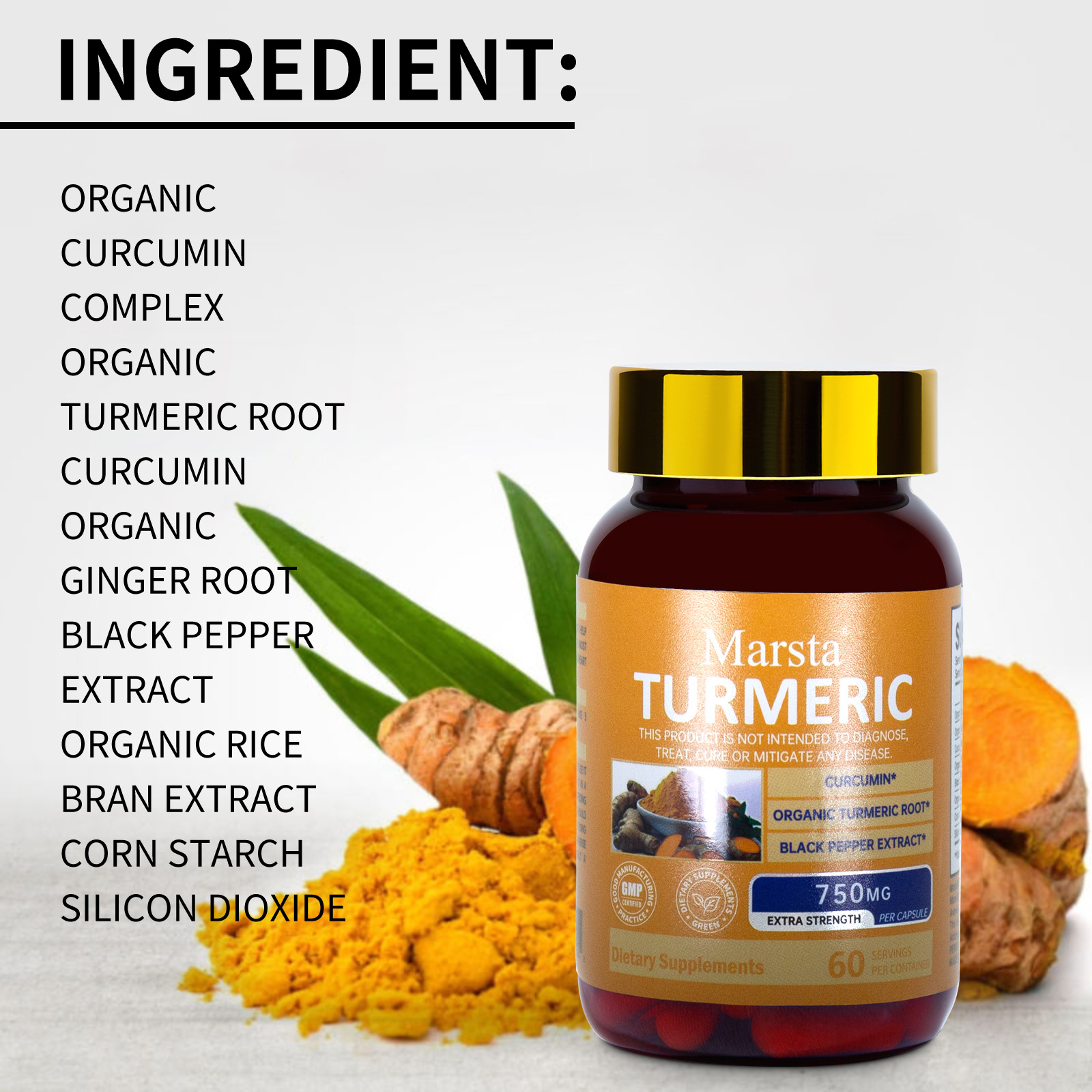 Detailed ingredient panel highlighting organic curcumin complex and black pepper extract.
