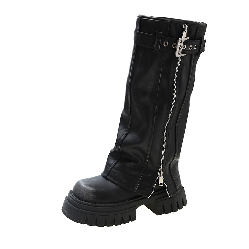 Luxury PU leather Belt Buckle boots sexy ladies Zip Warm Casual Shoes Knee-High Square toe platform chunky boots women image 3