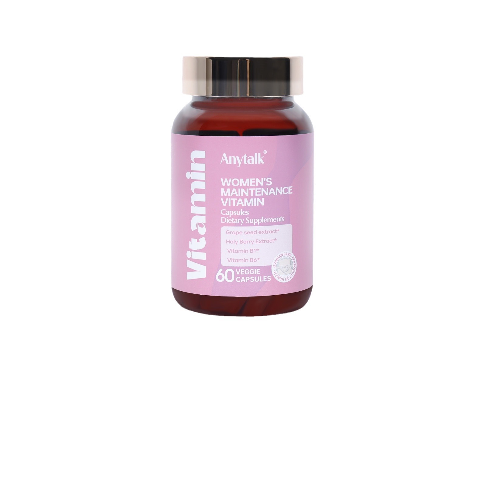 Amber glass bottle of Anytalk Women's Maintenance Vitamin on white background, showing 60 veggie capsules and clean label.