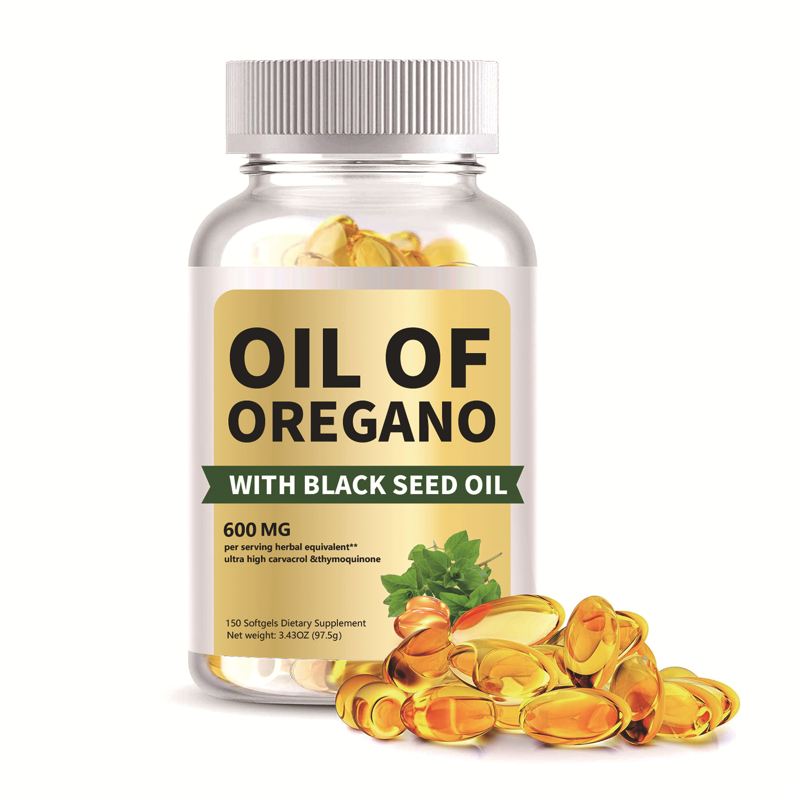 Golden amber softgel capsules spilling from clear glass bottle, highlighting premium quality and all-in-one convenience