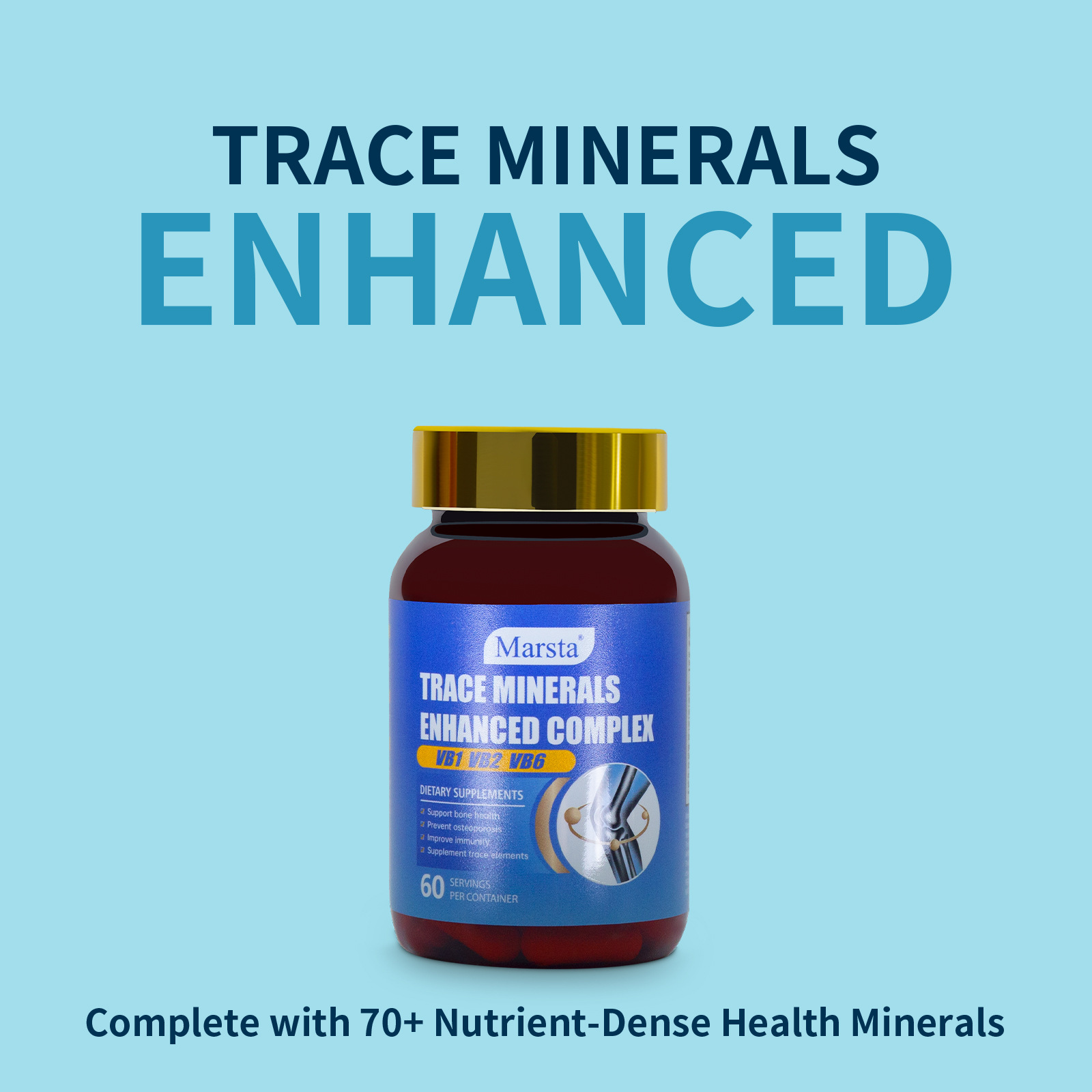 Marsta Trace Minerals Enhanced Complex bottle with bold 70+ nutrient claim on soft light background