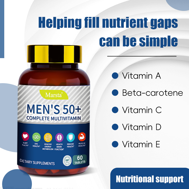 Product bottle with headline 'Helping fill nutrient gaps can be simple' and key ingredient list including Vitamin A, Beta-carotene, C, D, E with nutritional support callout
