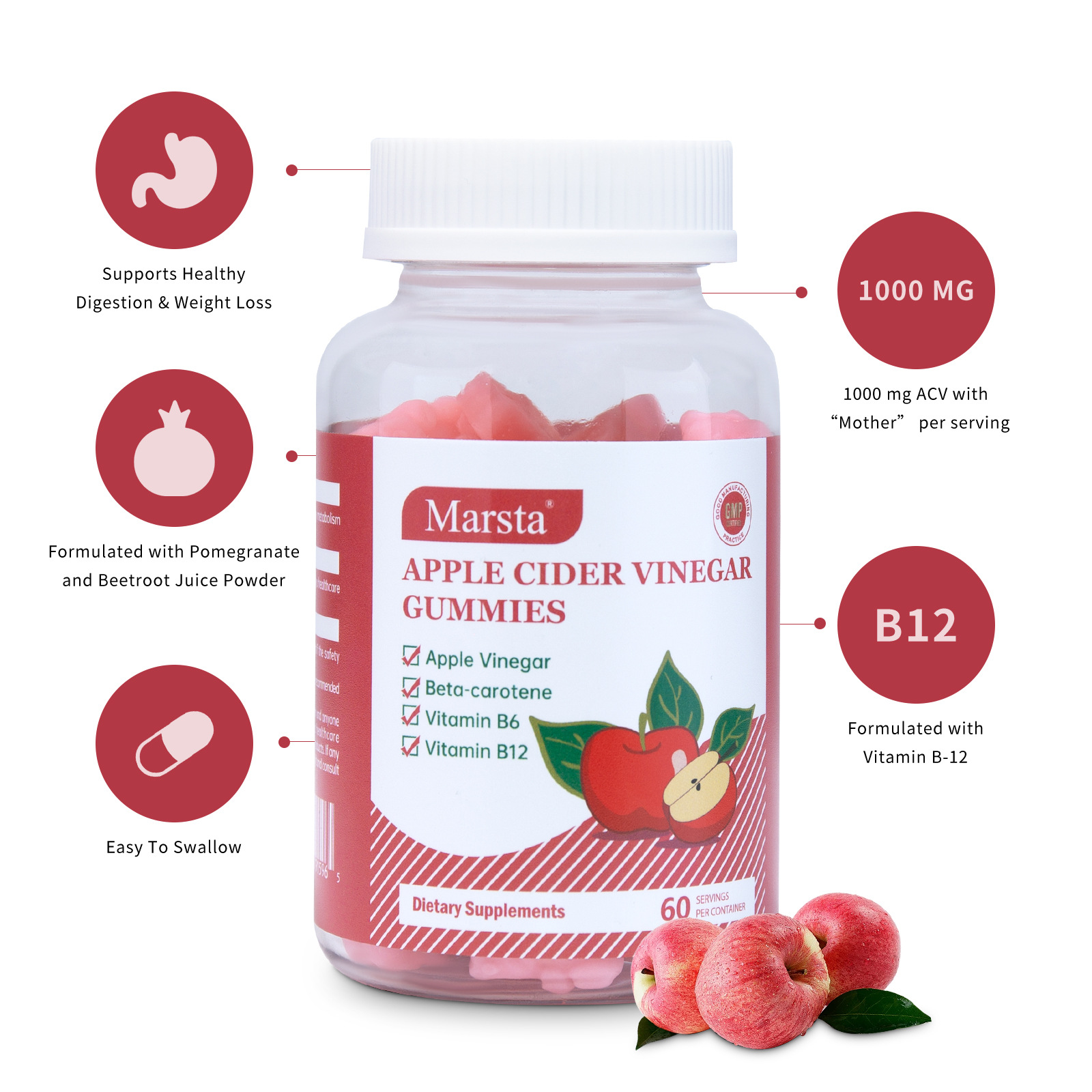 Annotated product with callouts: stomach icon for digestive support, pomegranate, pill capsule for easy swallow, B12 emphasis, fresh apples at bottom