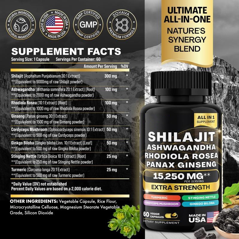 Shilajit formula supplement facts panel with mountain landscape — the science behind the all-in-one formula