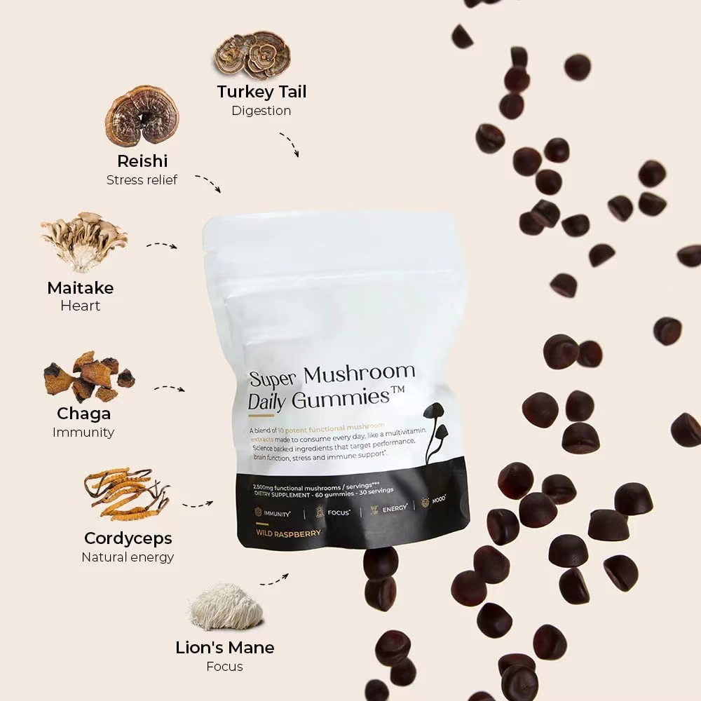 Label highlighting specific mushroom benefits for stress, immunity, digestion, and energy