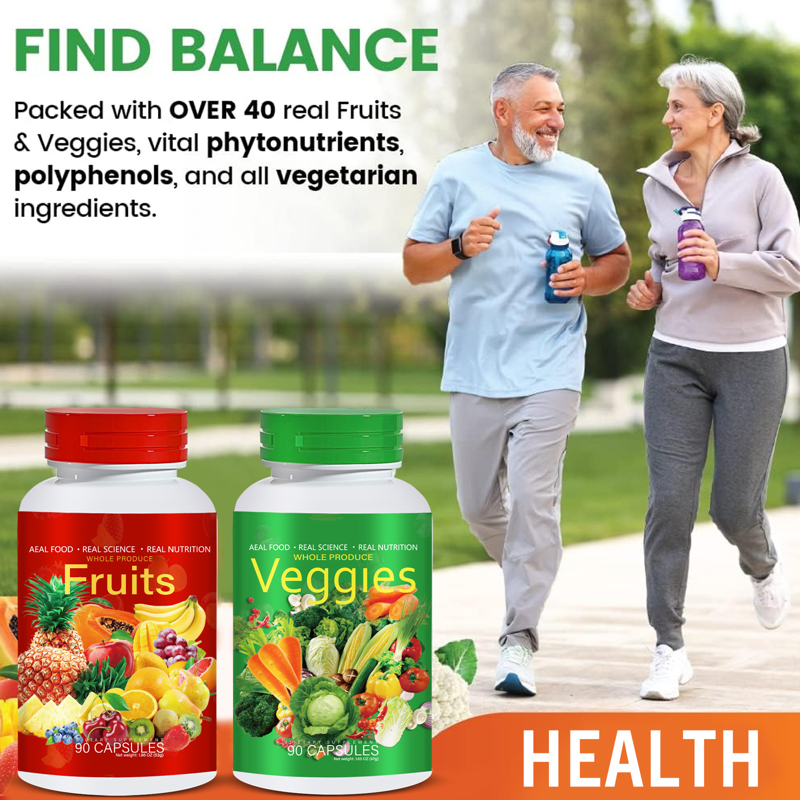 Active couple jogging outdoors, holding the product bottles as a symbol of their health journey