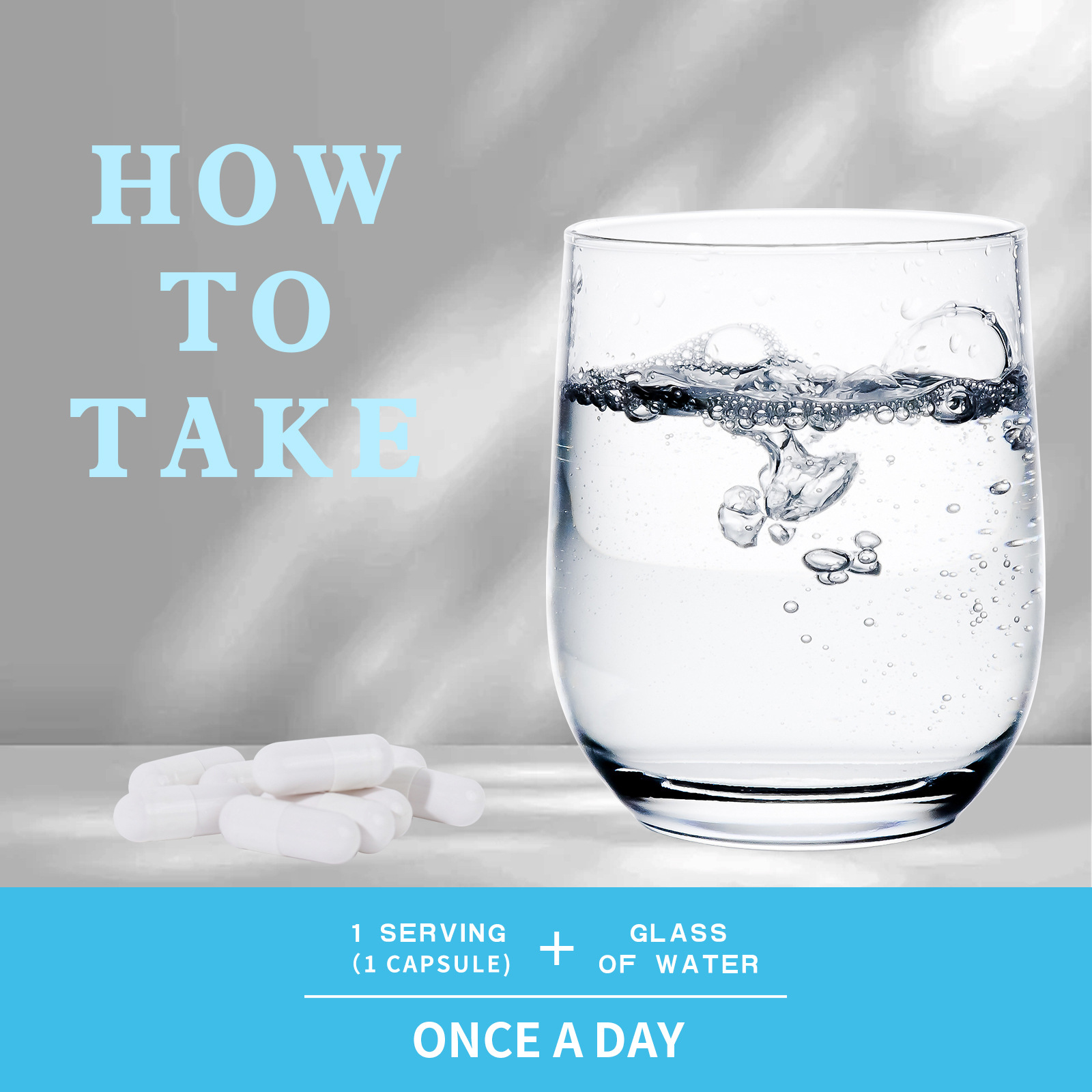 Usage instructions showing one capsule and a glass of water for effortless daily routine