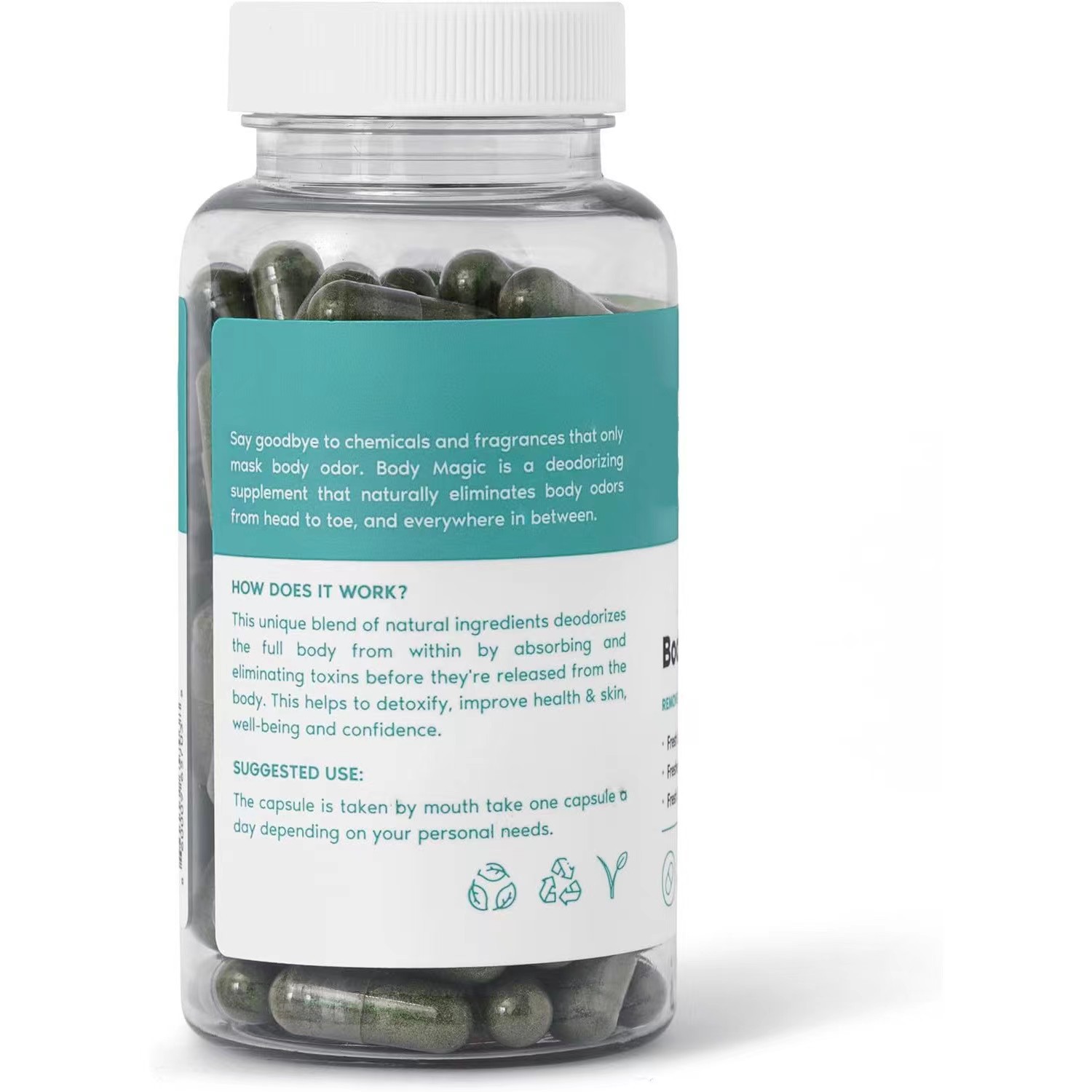 Body Magic bottle with turquoise label, clear glass showing green capsules