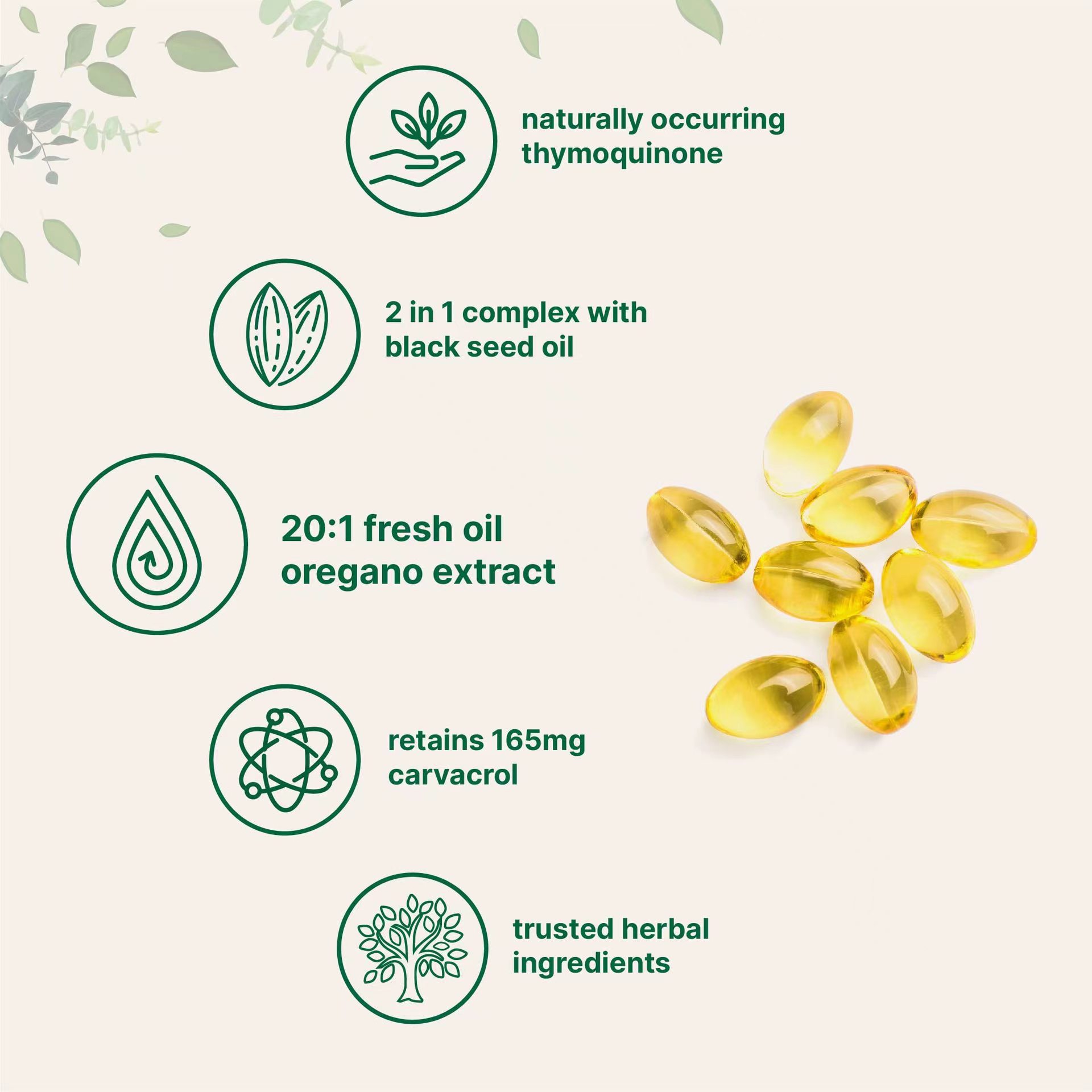 Five green leaf benefit icons highlighting carvacrol content, 2‑in‑1 complex, and extract ratio