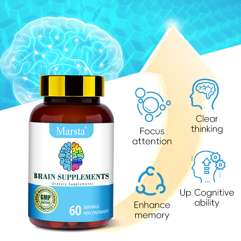 Marsta bottle with neural network background and four cognitive benefit icons