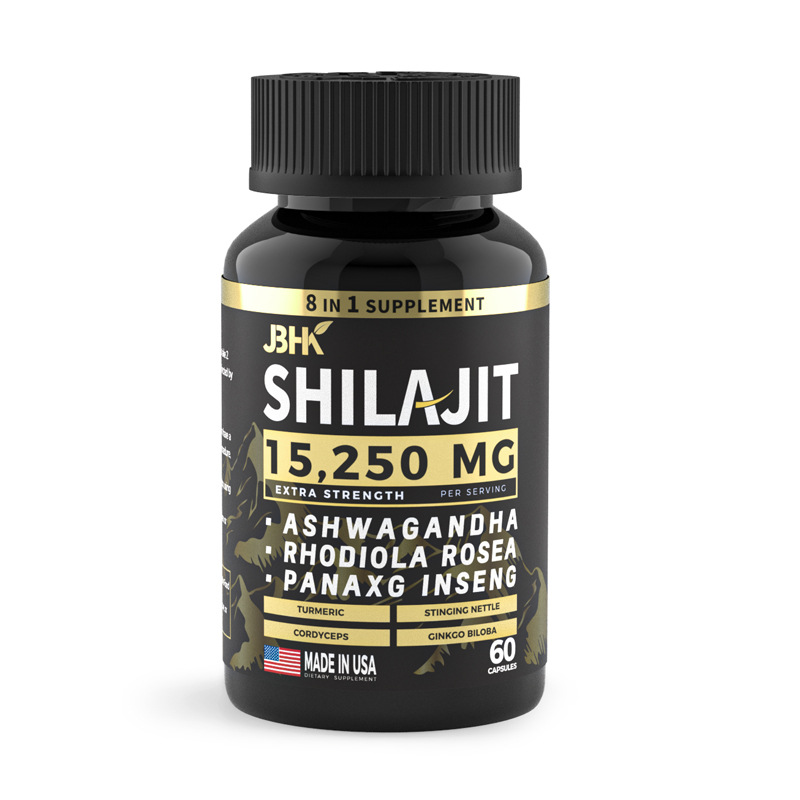 Close-up of JBK Shilajit label highlighting clinical strength and key adaptogens, representing the transformation to daily performance