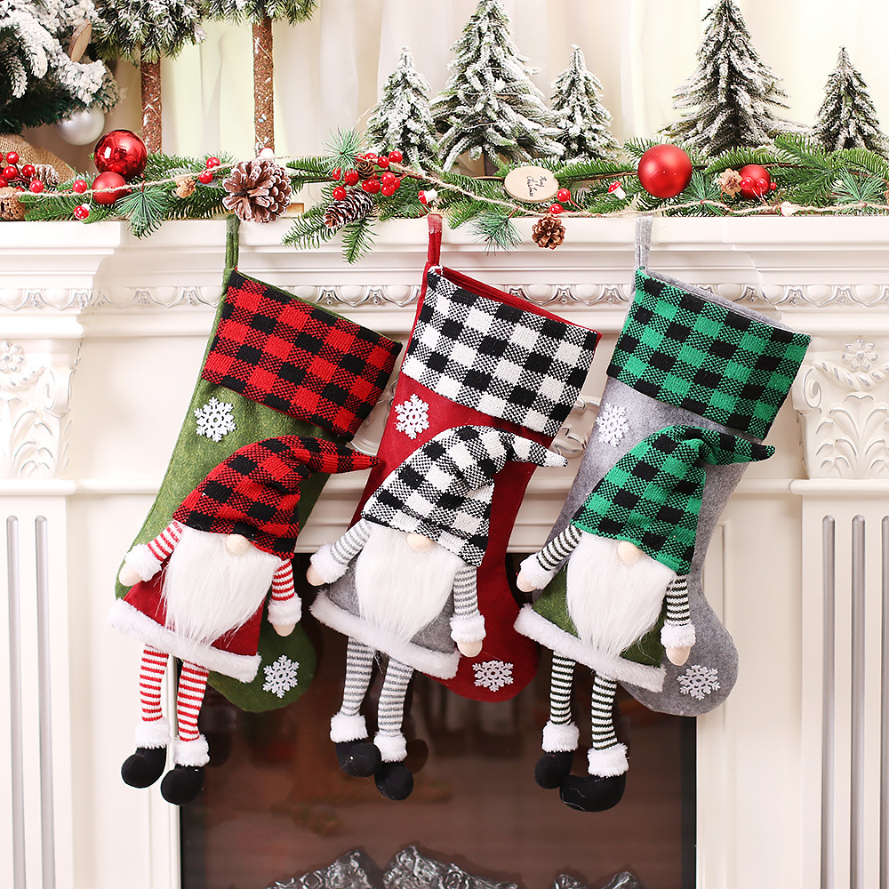 Christmas Day Decoration Red Black White Grid Faceless Forester Christmas Socks Dwarf Hanging Doll Candy Gift Bag