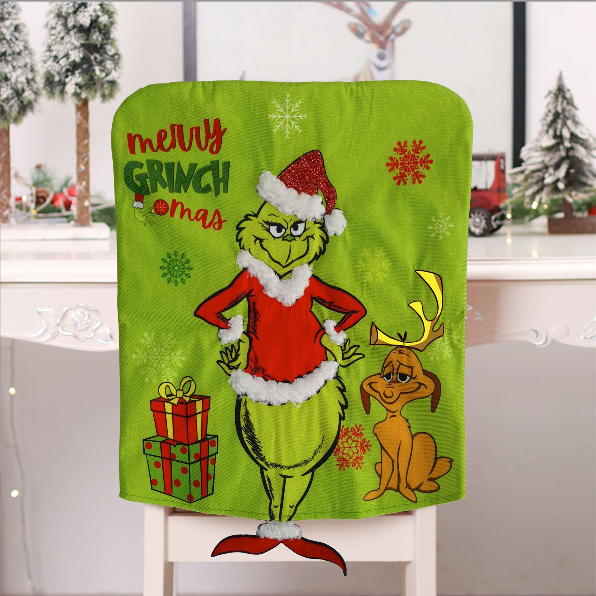 Christmas Decorations Greentown Chair Cover Digital Printing Green Hairy Monster Christmas Dining Chair Cover Cartoon
