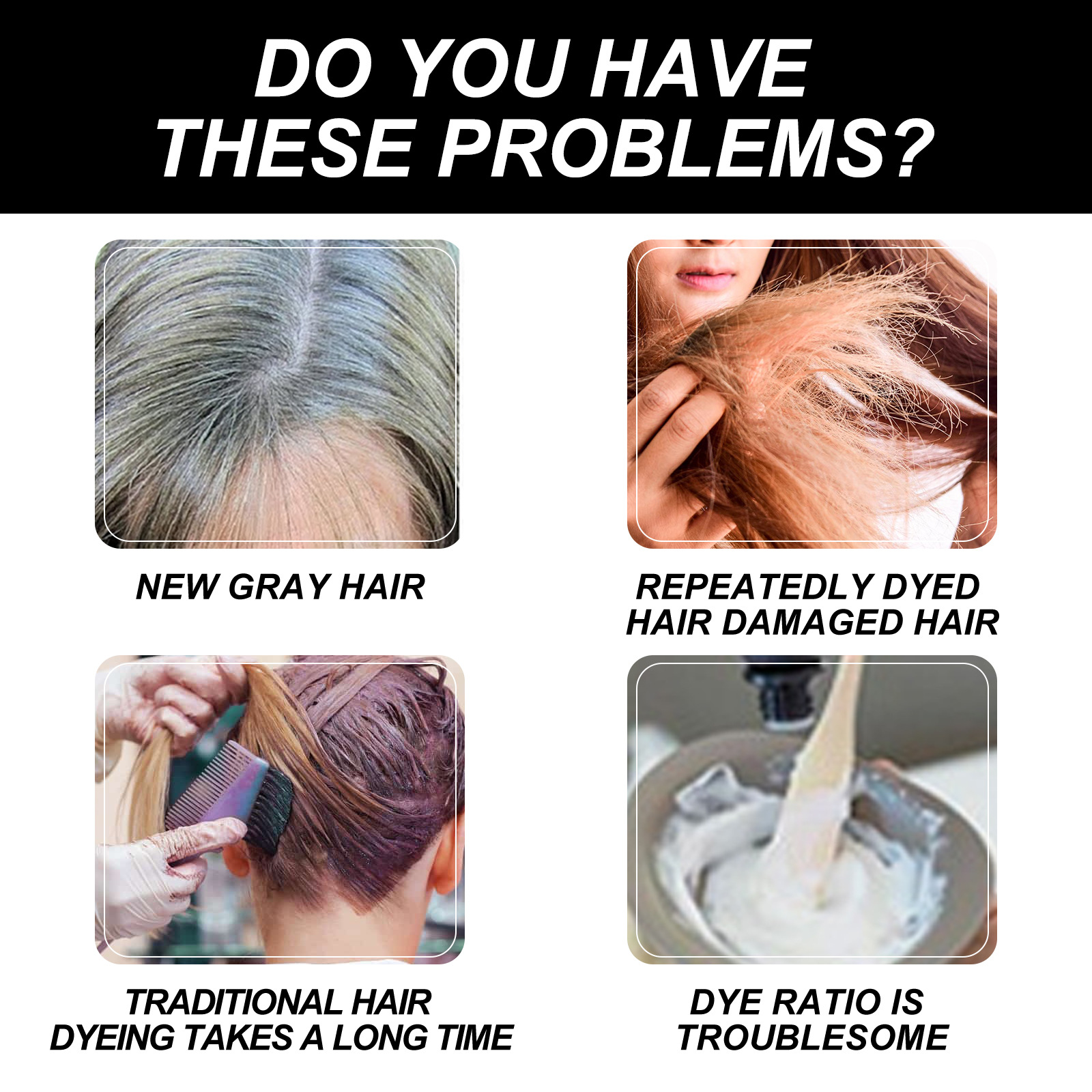Hair dye shampoo problem panels showing easier color preparation
