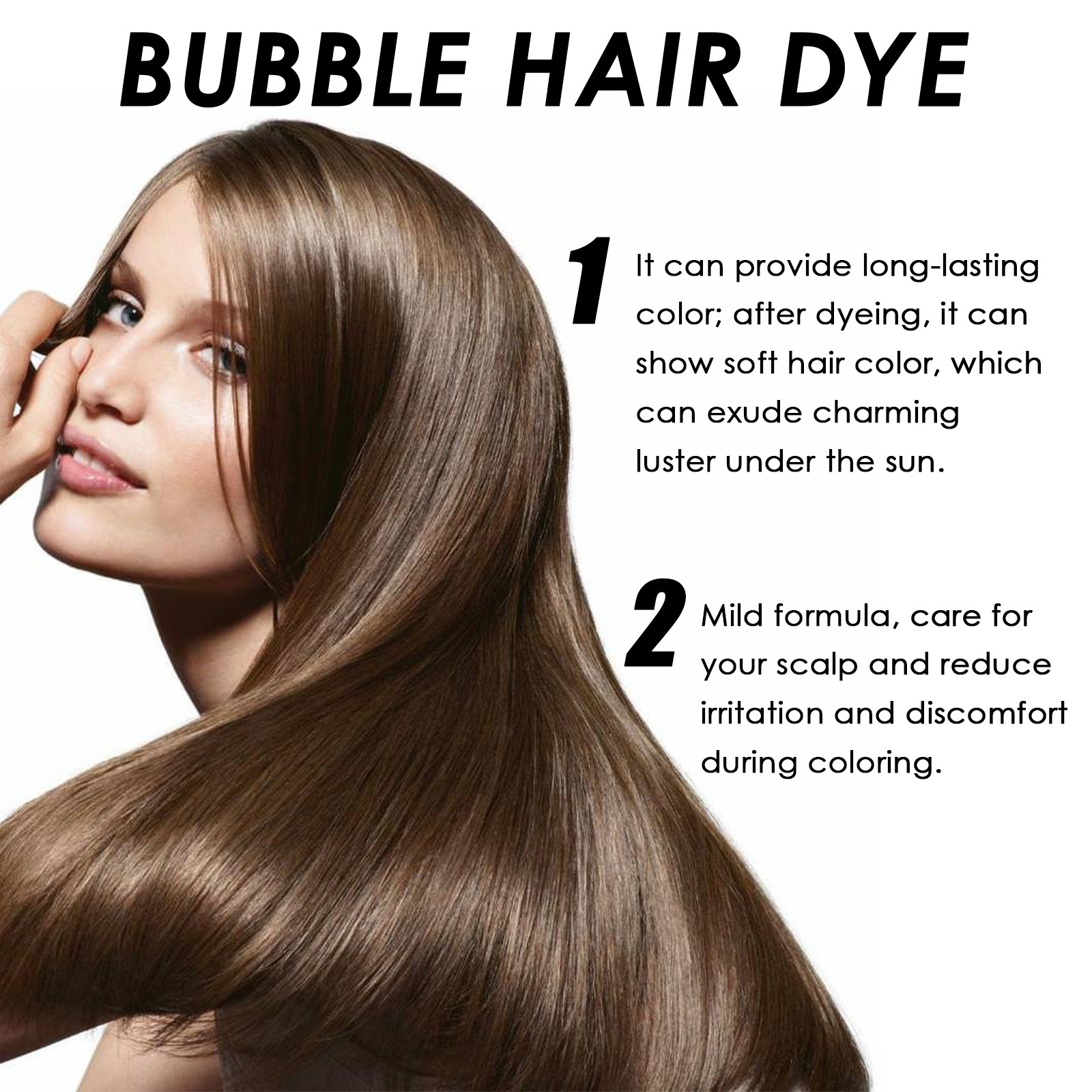Dark hair color bottle beside mild formula and scalp care claims