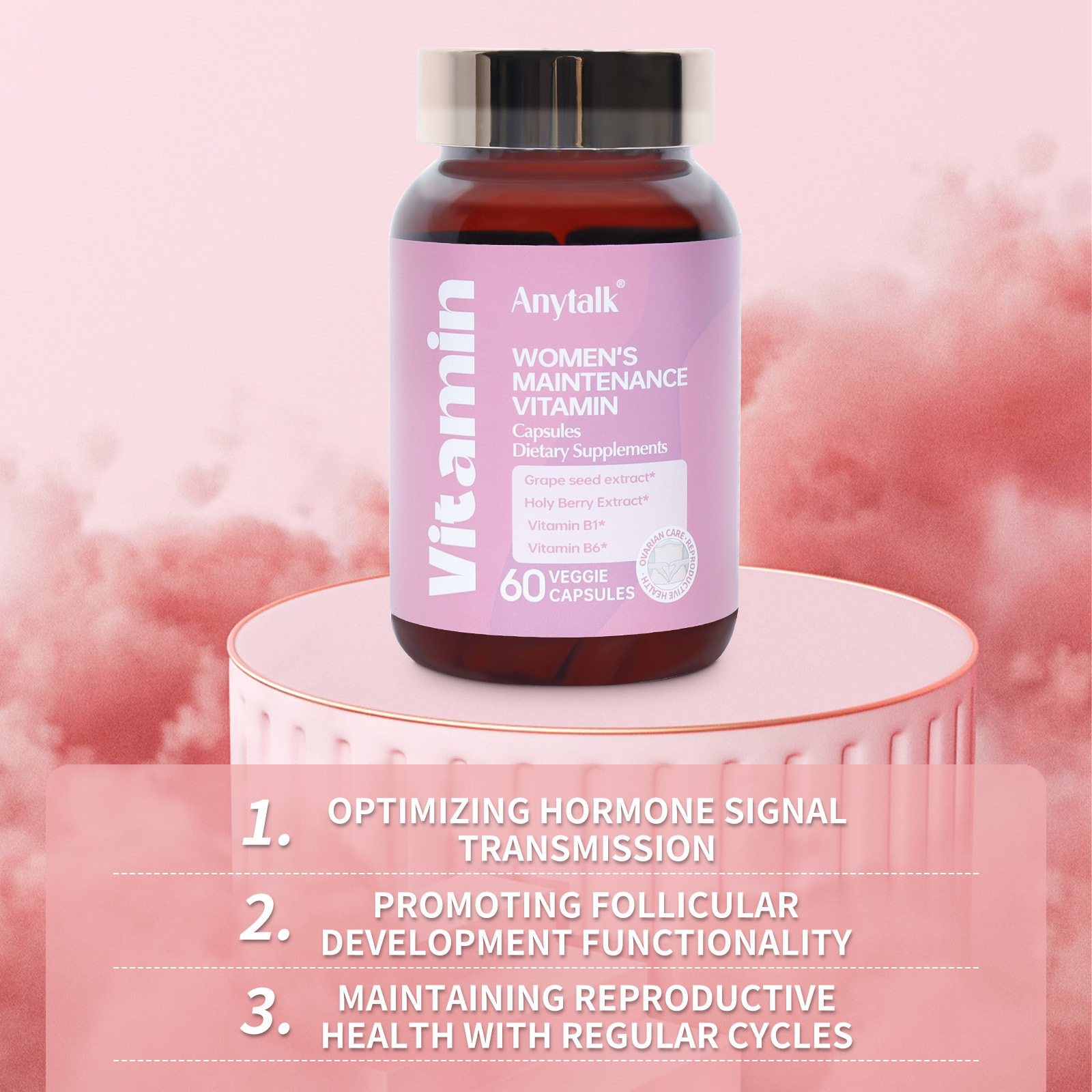 Bottle on pink pedestal with three benefit claims overlaid, symbolizing the areas of hormonal imbalance women face.