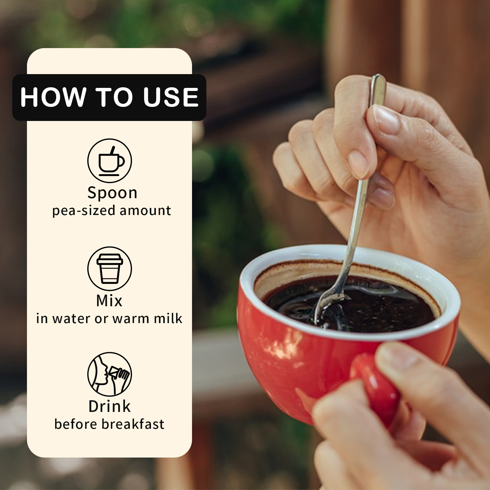 Hand stirring a pea-sized amount of Shilajit resin into a warm cup of liquid, starting the daily wellness ritual