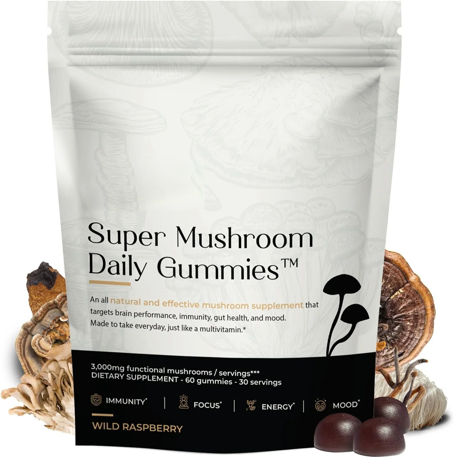 Premium mushroom supplement gummies pouch with visible brown gummies and mushroom ingredients on a light ceramic dish