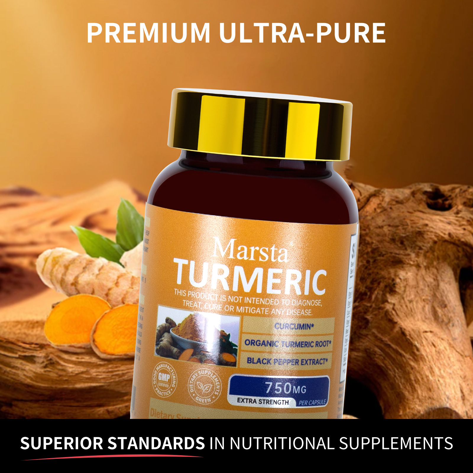 Raw turmeric root, ginger, and golden powder symbolizing the pure, natural solution.