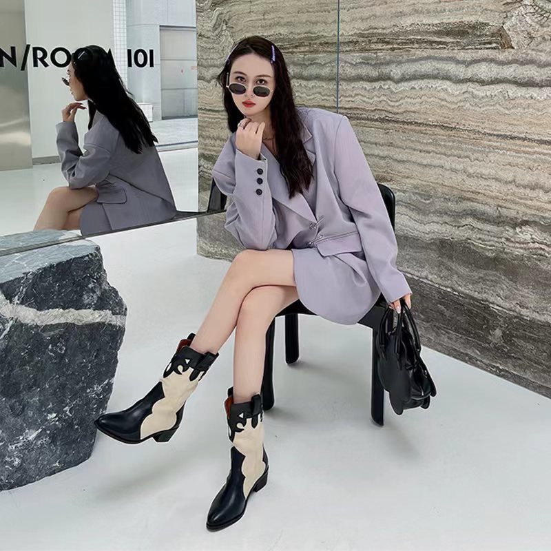 Western Cowboy Boots Summer Thin Women's Korean Splicing Pointed Retro Look Skinny Thick Heel Mid heeled Short Boots image 5