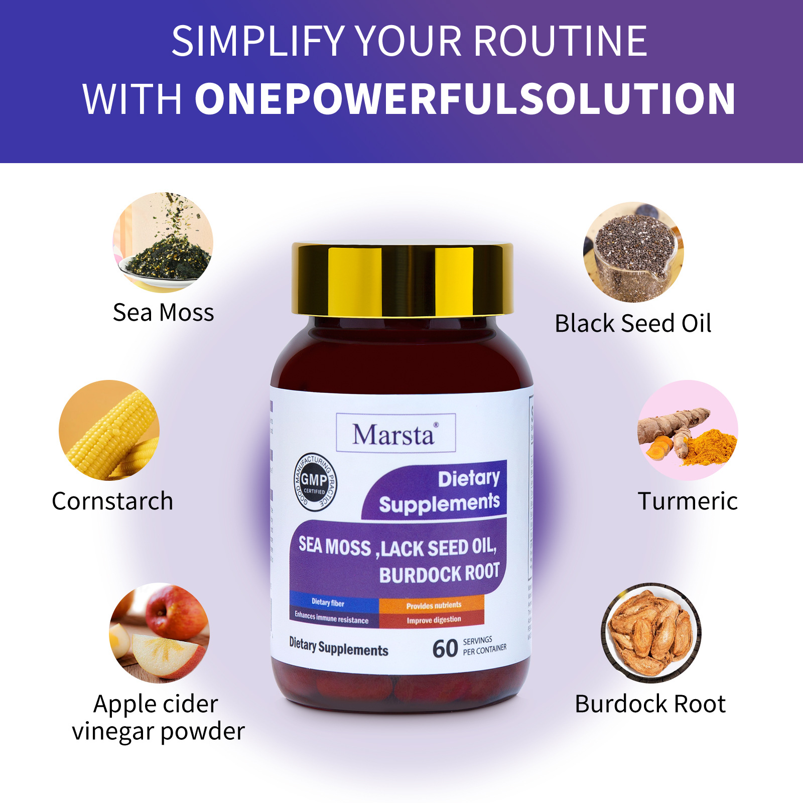 Bottle surrounded by ingredient icons, symbolizing the discovery of a comprehensive formula