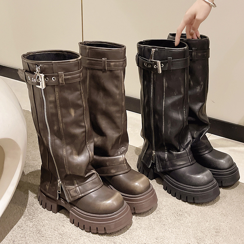 Luxury PU leather Belt Buckle boots sexy ladies Zip Warm Casual Shoes Knee-High Square toe platform chunky boots women image 4