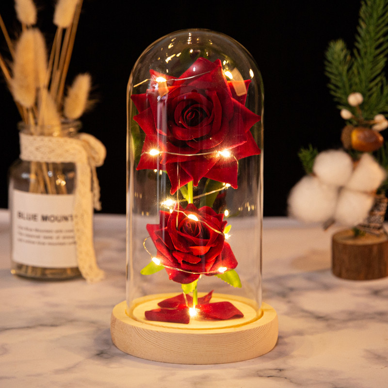 Christmas Valentine’s Day Birthday Gift Two Roses Glass Cover Ornament LED Light