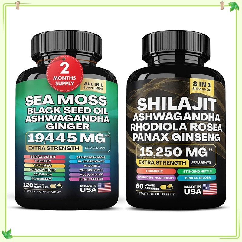 Two premium supplement bottles side-by-side: Sea Moss Black Seed Oil Ashwagandha Ginger and Shilajit Ashwagandha Rhodiola Rosea Panax Ginseng, showing dual formula and 8‑in‑1 potency