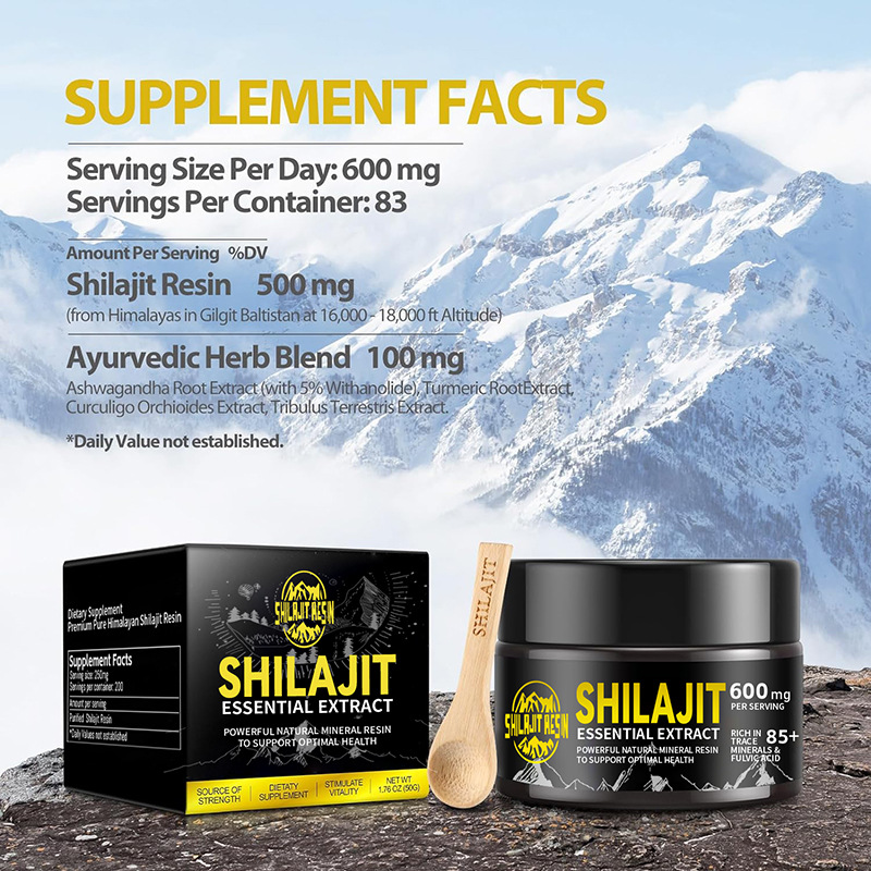 Supplement facts panel detailing 500mg shilajit resin and 100mg Ayurvedic blend per serving