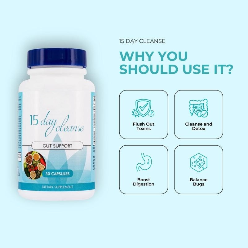 15 Day Cleanse bottle with benefit icons showing flush toxins, cleanse detox, boost digestion, balance bugs