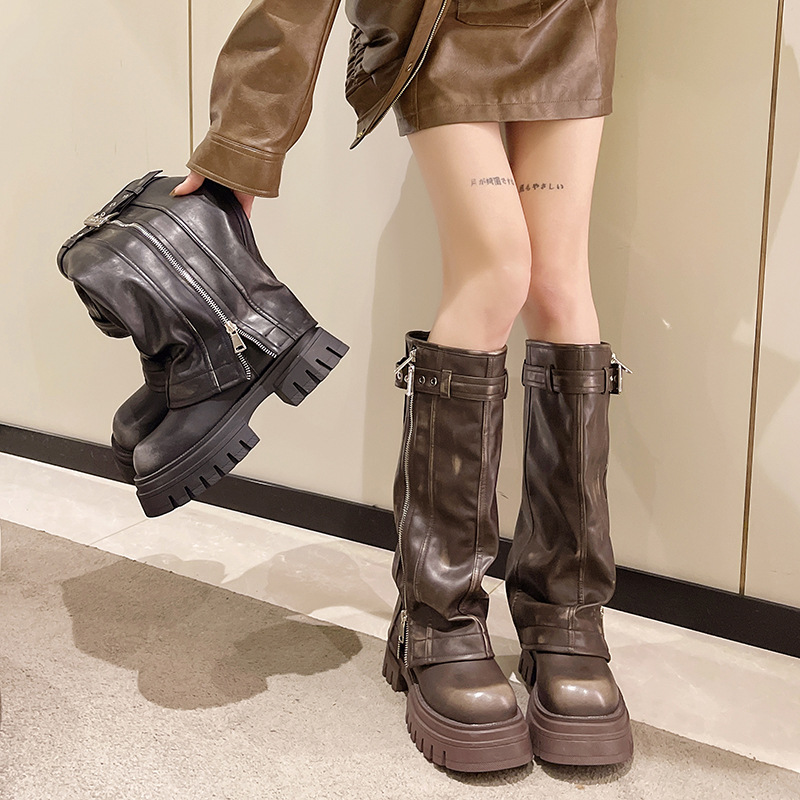 Luxury PU leather Belt Buckle boots sexy ladies Zip Warm Casual Shoes Knee-High Square toe platform chunky boots women image 5