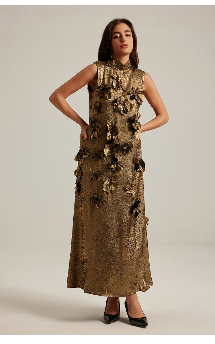 Three-Dimensional Floral Sleeveless A-Line Dress – Elegant Long Gown