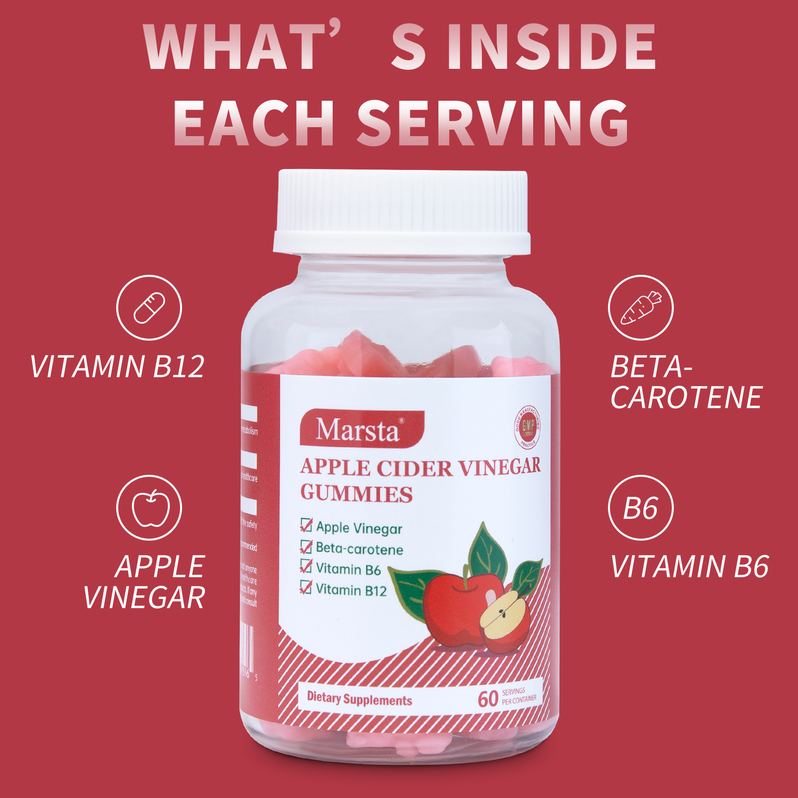 Ingredient icons around the bottle: Vitamin B12, Beta-carotene, B6, and Apple Vinegar, emphasizing scientific formulation