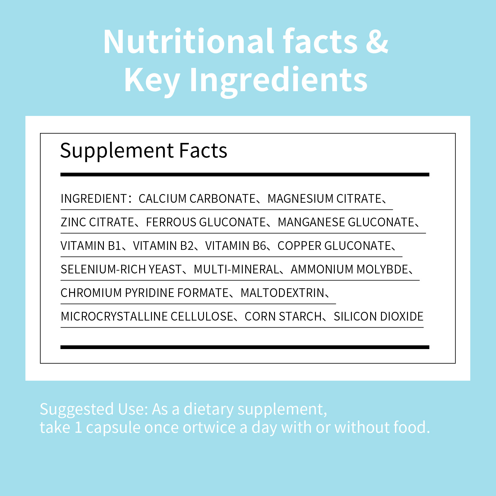 Supplement facts panel revealing full ingredient transparency and chelated minerals