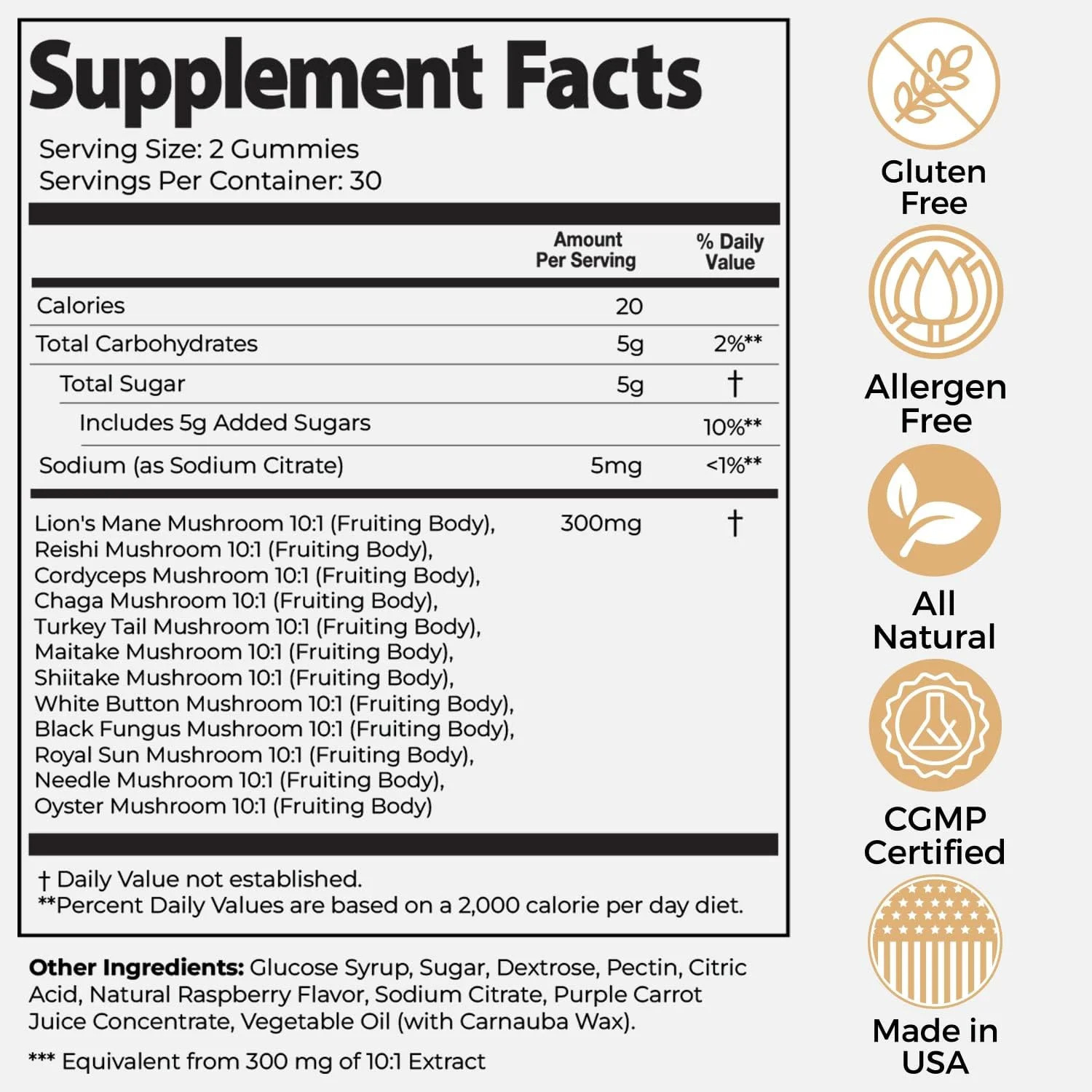 Detailed supplement facts panel with certifications: gluten-free, allergen-free, CGMP, Made in USA