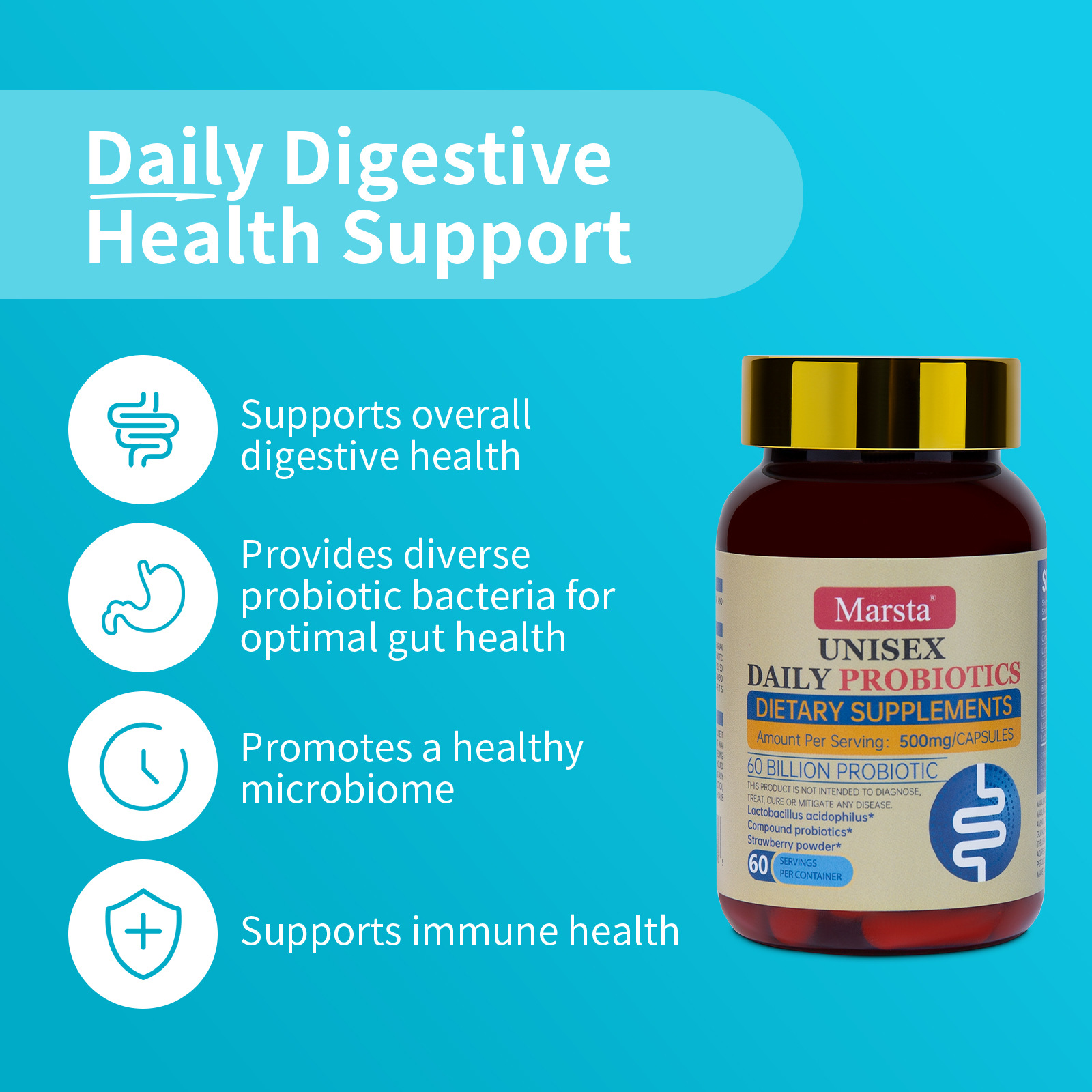 Benefits infographic depicting digestive health, diverse probiotics, healthy microbiome, and immune support icons beside product bottle