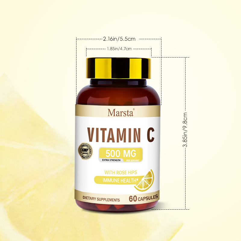 Product dimensions and amber glass bottle detailing, showcasing premium packaging and GMP certification