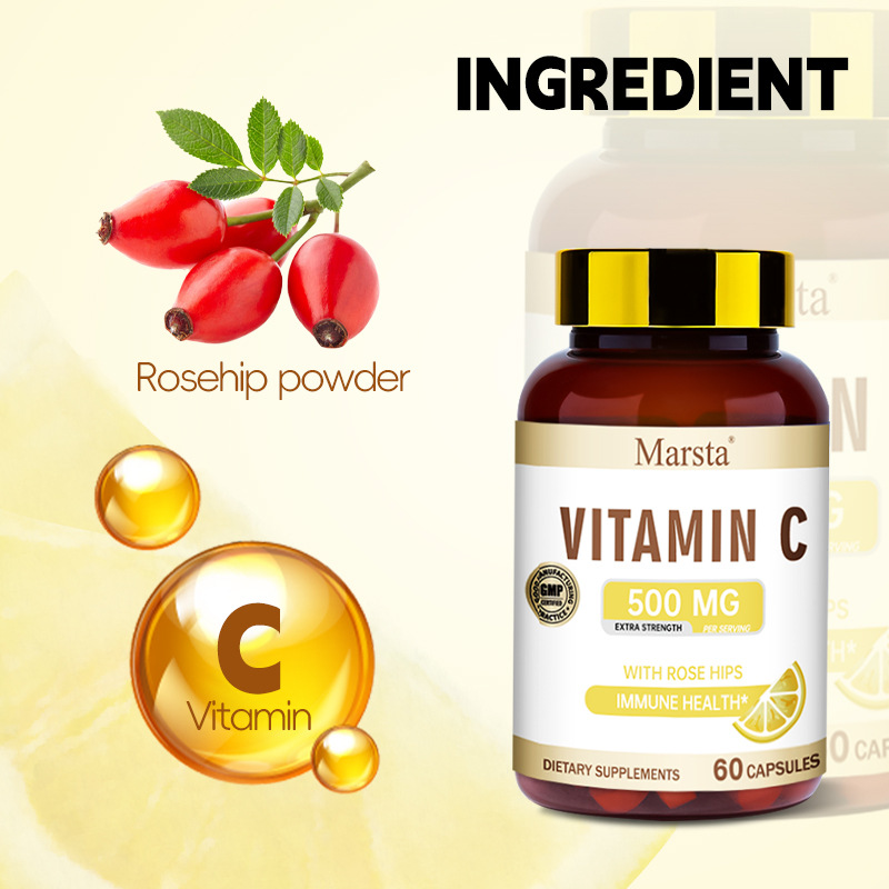 Rosehip powder and golden vitamin C molecule illustration showing natural active ingredients