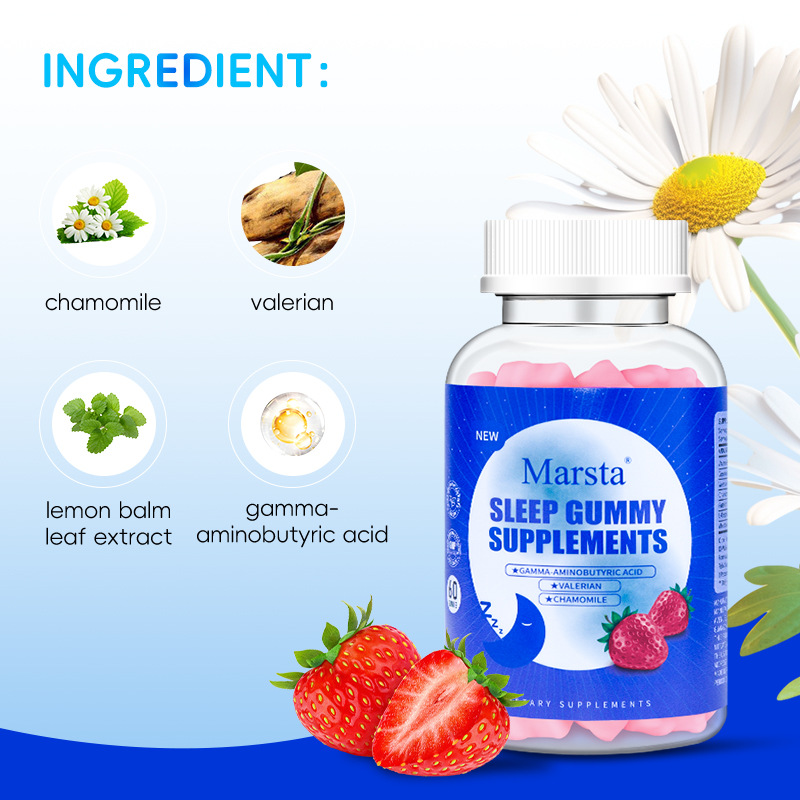 Chamomile, valerian, lemon balm, and GABA ingredients alongside Marsta Sleep Gummies bottle